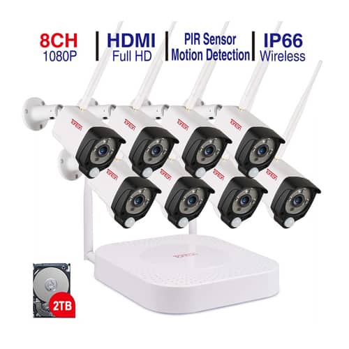 Tonton 1080P Full HD Security Camera System Wireless,8CH NVR Recorder with 2TB HDD and 8PCS 2MP Outdoor Indoor Bullet Cameras with PIR Sensor,Plug and Play,Easy Installation Black 2 Way Audio 